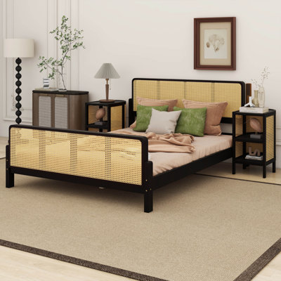 3 Pieces Rattan Platform  Bed With 2 Nightstands
