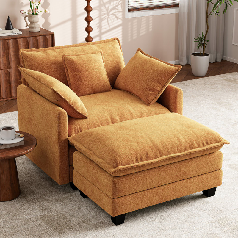 Fauteuil d'appoint surdimensionné en chenille avec repose-pieds Esai, Orange