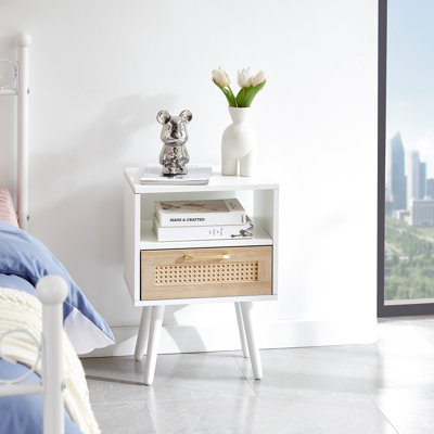 Table d'appoint blanche avec pieds et tiroir en bois massif, 15,29 po, pour les pieds de tiroir modernes de la chambre à coucher, salon, chambre à coucher, bureau, 15,29 po x 11,99 po, 21,55 po, pratique