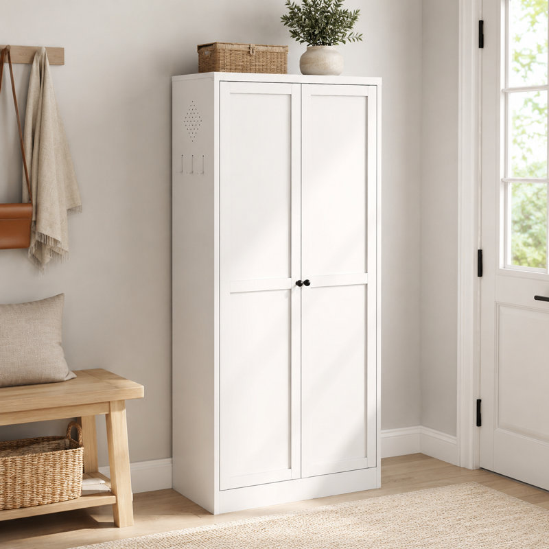 White Metal Pantry Cabinet with Magnetic Doors and Wall Anchor, 61 Inch Tall with 4 Adjustable Shelves, Powder Coated Steel for Kitchen Storage