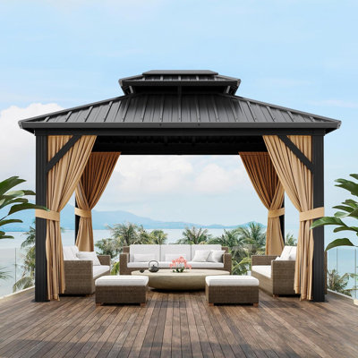 Pavillon de jardin en aluminium 10 x 10 pi avec toit double, rideaux et filet pour le jardin et le patio