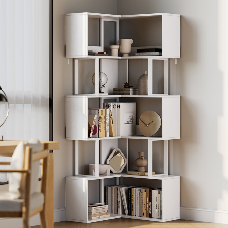 Corner Bookshelf, 62.6" Tall Metal Wooden Bookcase, Modern Freestanding Corner Shelf with Baffle, 6 Tiers l-Shaped Display Rack Storage Organizer for Home Office, Living Room