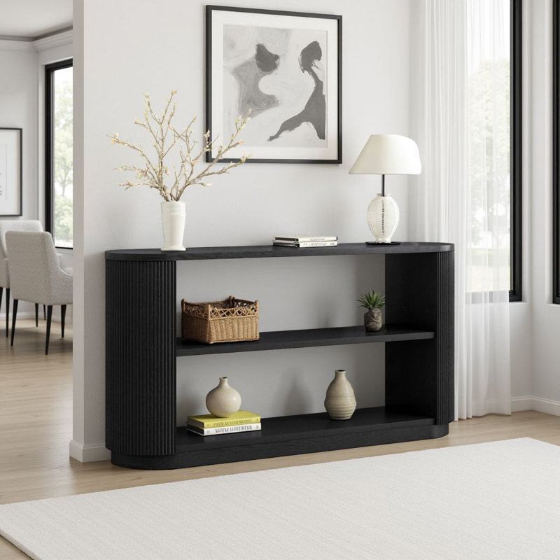 Modern 59" Console Table - Slim Sofa Table with Triple Open Shelves - Curved Fluted Design, Black