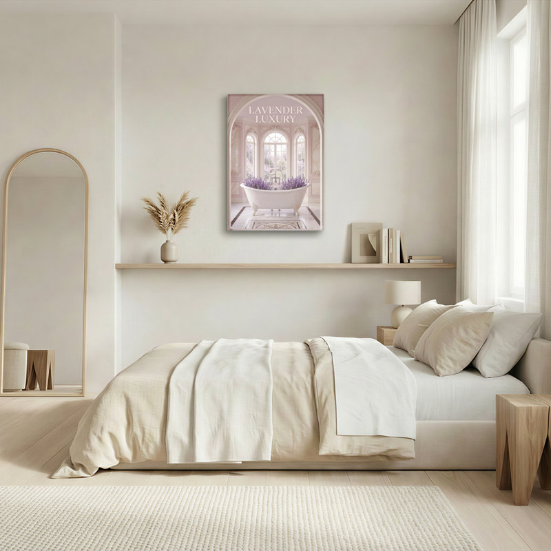 Ensemble de 1 tableau sur toile tendue représentant une scène de bain luxueuse à la lavande, H 18 po x l 12 po