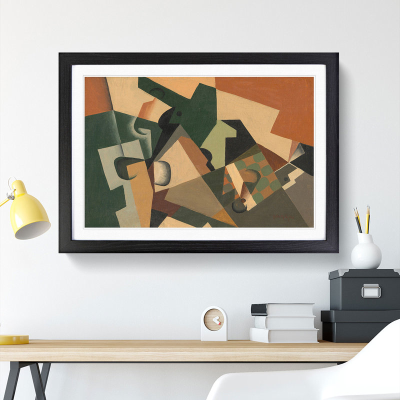 Glass and Checkerboard by Juan Gris - Picture Frame Painting, 27cm H x 36cm W x 2cm D, Black Framed
