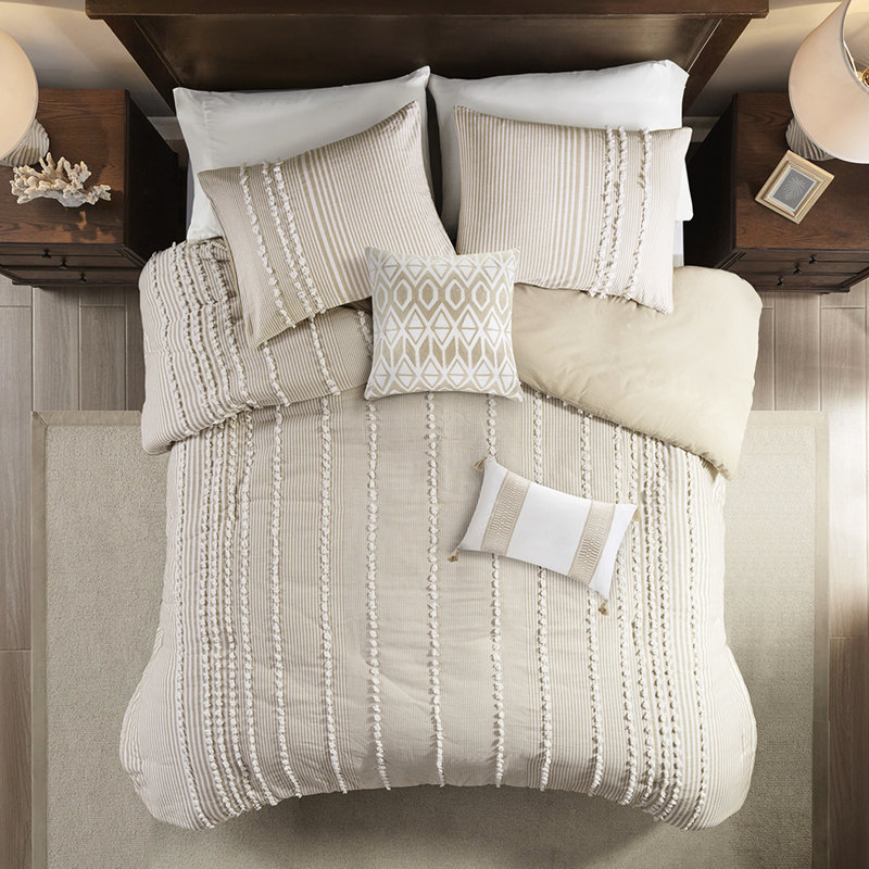 Housse de couette en coton teinté 3 pièces pour lit très grand avec des rayures taupe et blanches 100% broderie en chenille