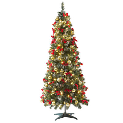 6Ft Artificial Full Christmas Tree, Unlit Premium Pop Up Xmas Pine Tree With PVC Branch Tips, 70Pcs Red Bows & 36Pcs Xmas Gold Balls, Perfect For Christmas Decoration, Home, Party, Holiday