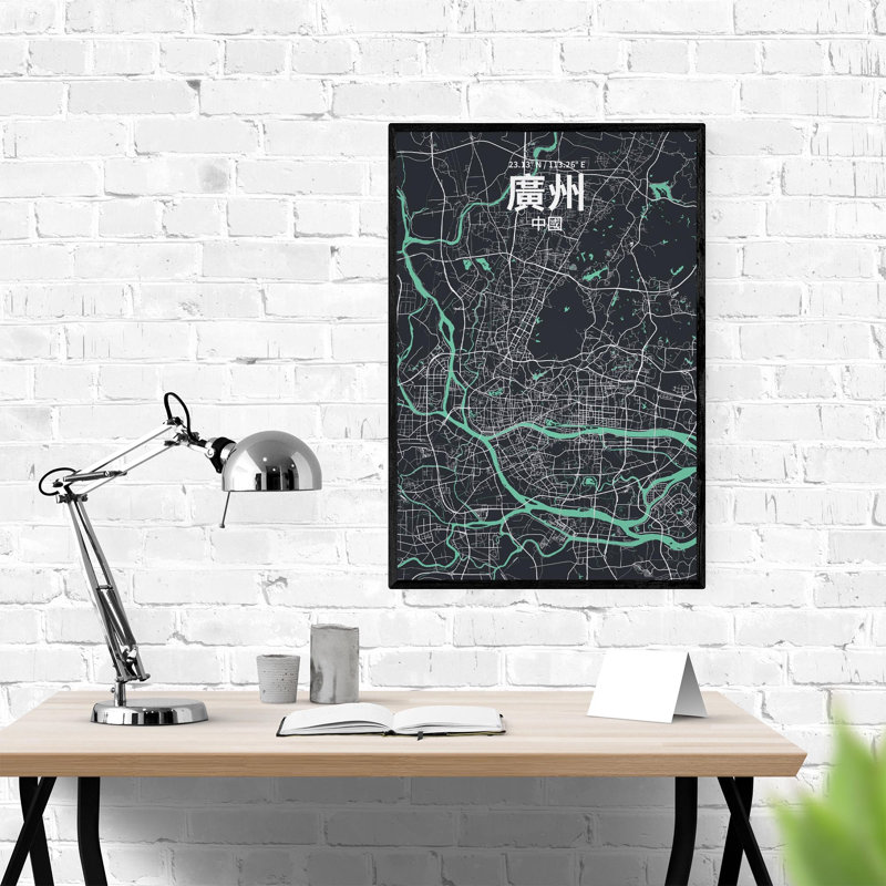Impression sur carte de la ville de Canton (chinois traditionnel), H 36 po x l 24 po x P 0,05 po, Vert/gris