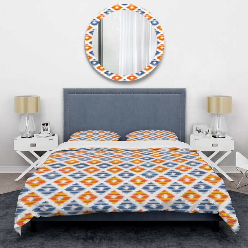 Bleu et orange Ikat Ogee - Ensemble de housse de couette abstrait - Microfibre de polyester