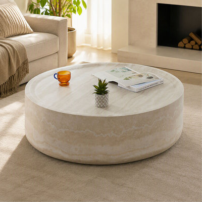 Coffee Table – 39.37" – Round – Faux Travertine Textured – No Assembly – for Living Room