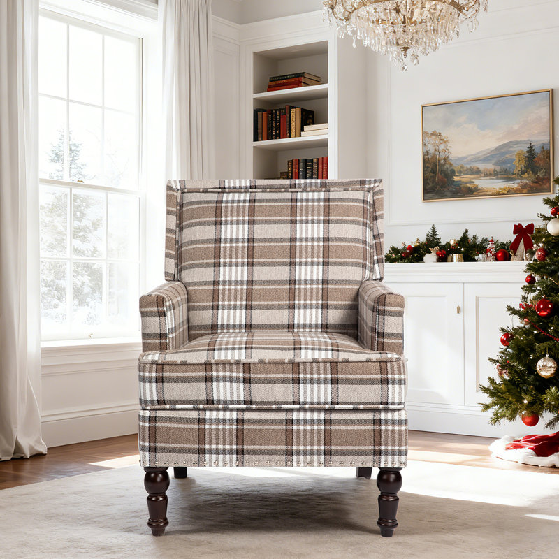 Fauteuil d'appoint rembourré classique avec garniture cloutée, Café