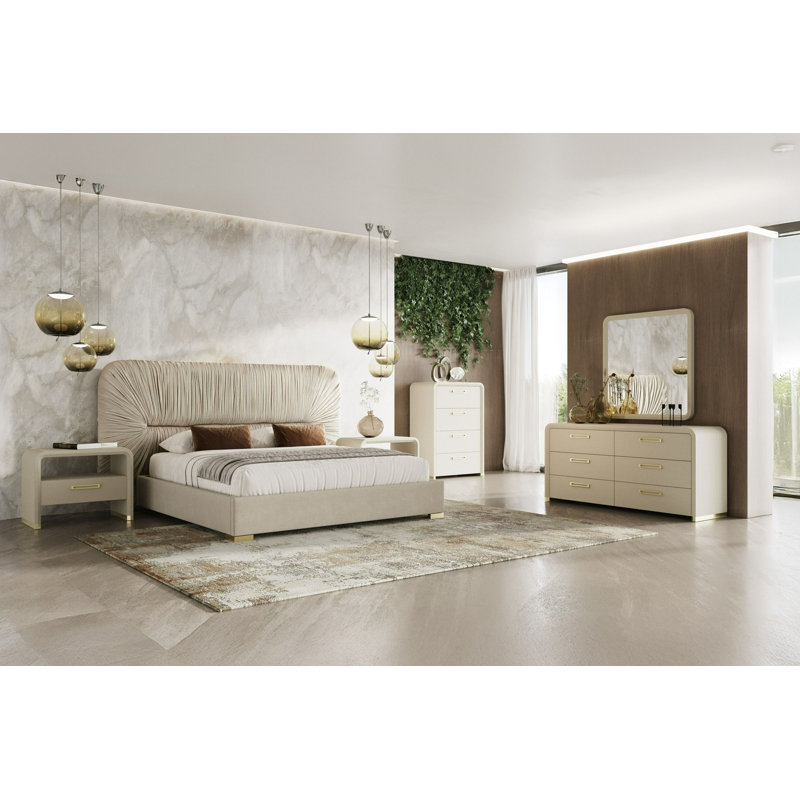 Ensemble de chambre à coucher Deandrea - Velours beige moderne + similicuir, Très grand lit