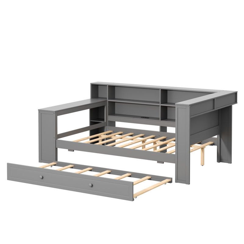 Grey Full Size Upholstered Platform Bed with Trundle, LED Headboard, Shelves, Desk & Charging Station, Gray
