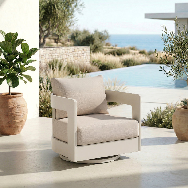 Frances Aluminum Outdoor Swivel Chair with Sunbrella Cushions, Beige Cushion/Cream Frame