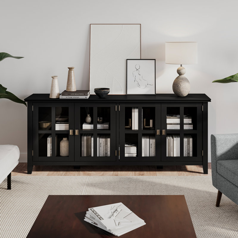 Artisan 66"W Solid Wood 4-Shelf Storage Cabinet with Tempered Glass Doors and Adjustable Shelves, Black