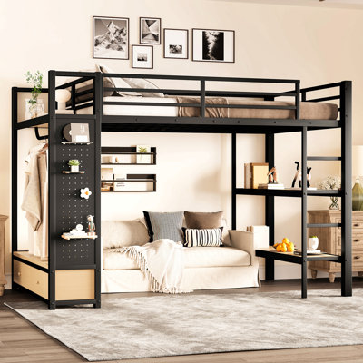 Structure de lit mezzanine avec garde-robe, lit mezzanine en métal avec tablettes de rangement et panneau perforé