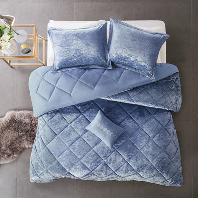 Periwinkle Blue Velvet Comforter For Full/Queen - Luxurious Filling And Machine Washable Decorative Pillow Included Bed Fill Diamond Quilting Throw