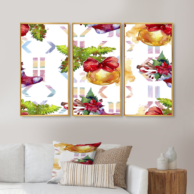 «Christmas Winter Holiday Symbols», ensemble de 3 toiles encadrées, H 20 po x l 36 po x P 1 po, Cadre doré