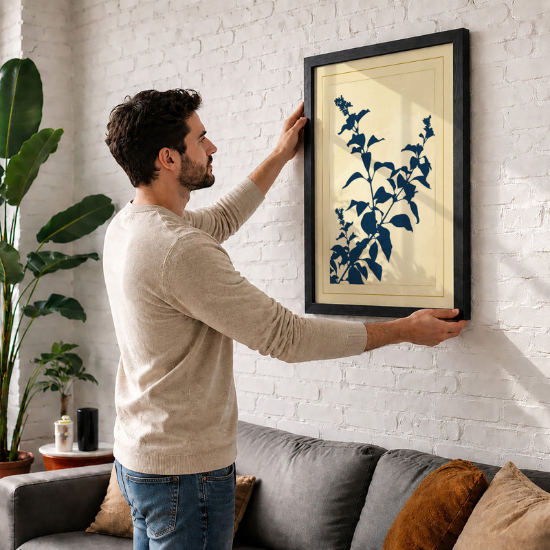 Indigo Study Botanical - Framed Print, A2 - 59.4 x 42.0 cm, Black