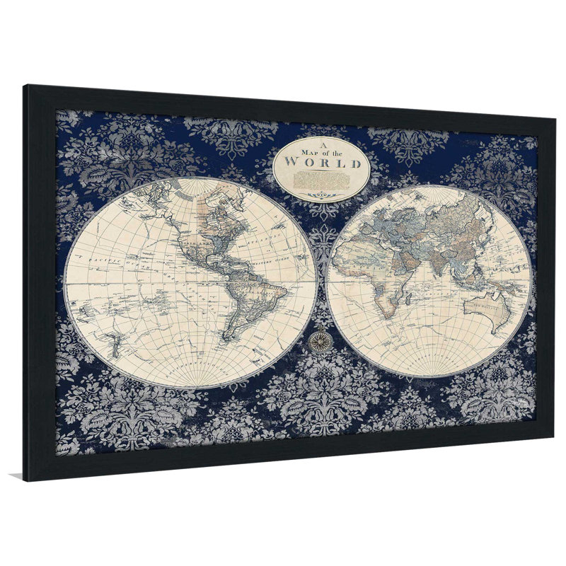 Carte bleue du monde par Elizabeth Medley - impression d'art graphique, H 21,5 po x l 27,5 po x P 0,75 po, Cadre espresso