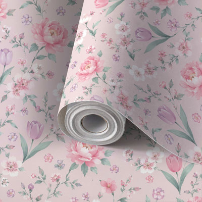Papier peint adhésif à motifs floraux (pivoines roses, tulipes, fleurs délicates), amovible et facile à poser. Idéal pour les locataires, à poser soi-même, pour chambre, salon, cuisine, salle de bain ou mur d'accent.