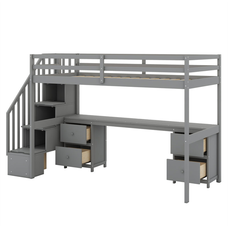 Loft Bed Frame With Built-In Desk And Double Storage Drawers, Gray