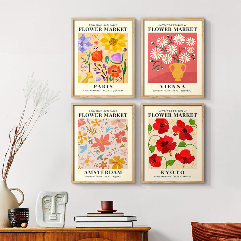 Vintage Floral Print CXXVII  Framed Print - Set of 4, 44" H x 14" W, Natural