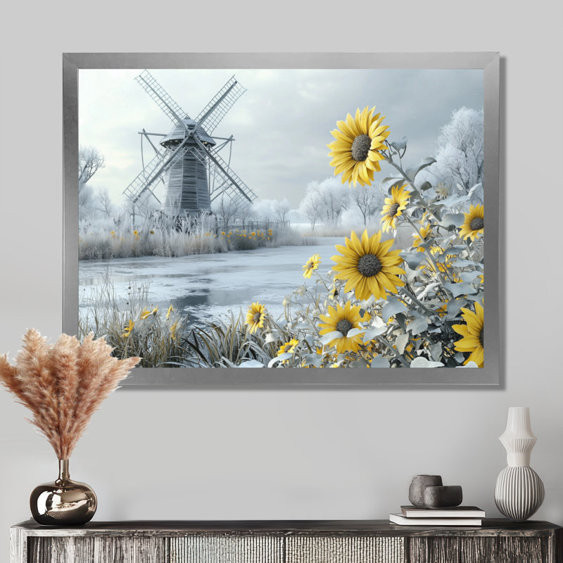 Donall Sunflowers And The Frozen Windmill - moulins à vent, art mural, H 30 po x l 40 po, Floater Framed, Natural