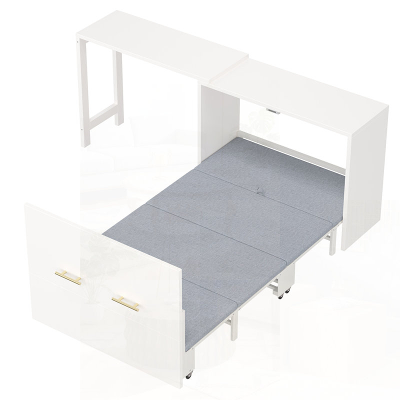 Lit simple escamotable avec bureau ajustable et coussin pliable pour chambres d'amis et petits espaces