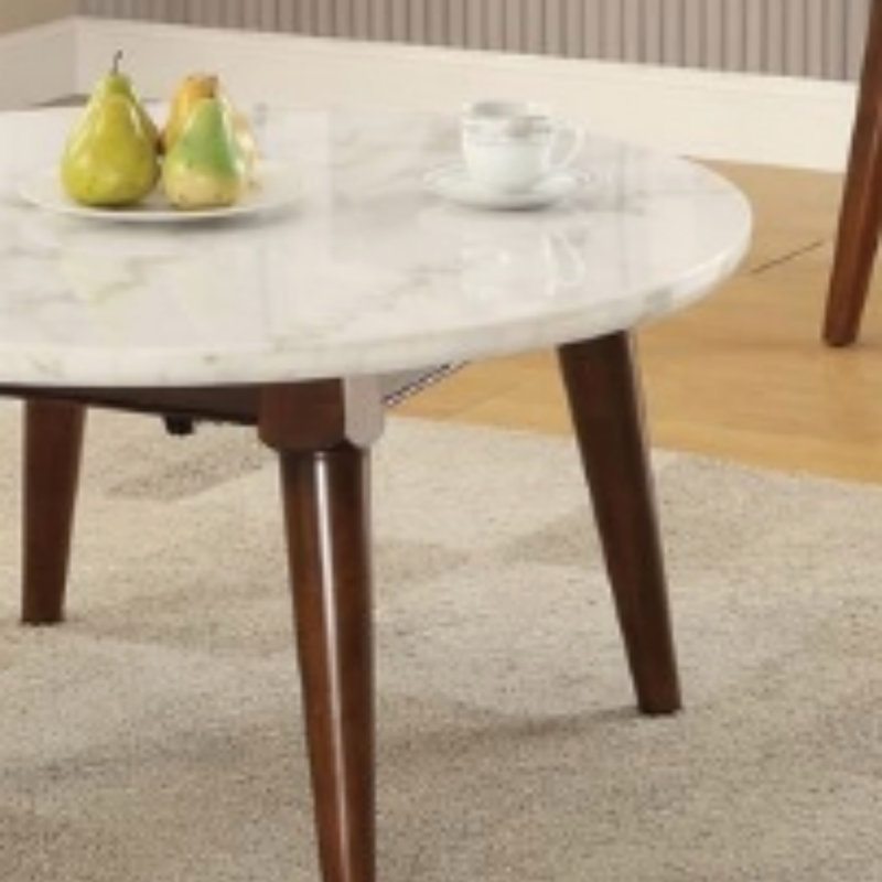 Table basse ronde exquise, plateau en marbre blanc et table basse au fini noyer