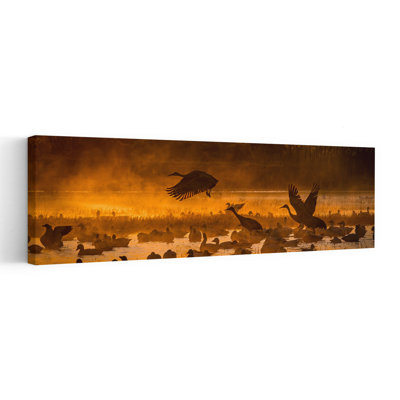 Cranes In Golden Mist Peaceful Serene Contemporary Bird Duck Goose Nature Sunrise Wall Art