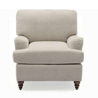 Candor Fabric Arm Chair with English Roll Arms, Overstuffed Cushions, and Solid Wood Legs for Timeless Comfort and Style.