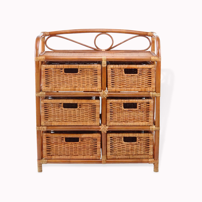 Coffre à linge en osier et rotin fait à la main - rangement à 6 tiroirs - style bohème