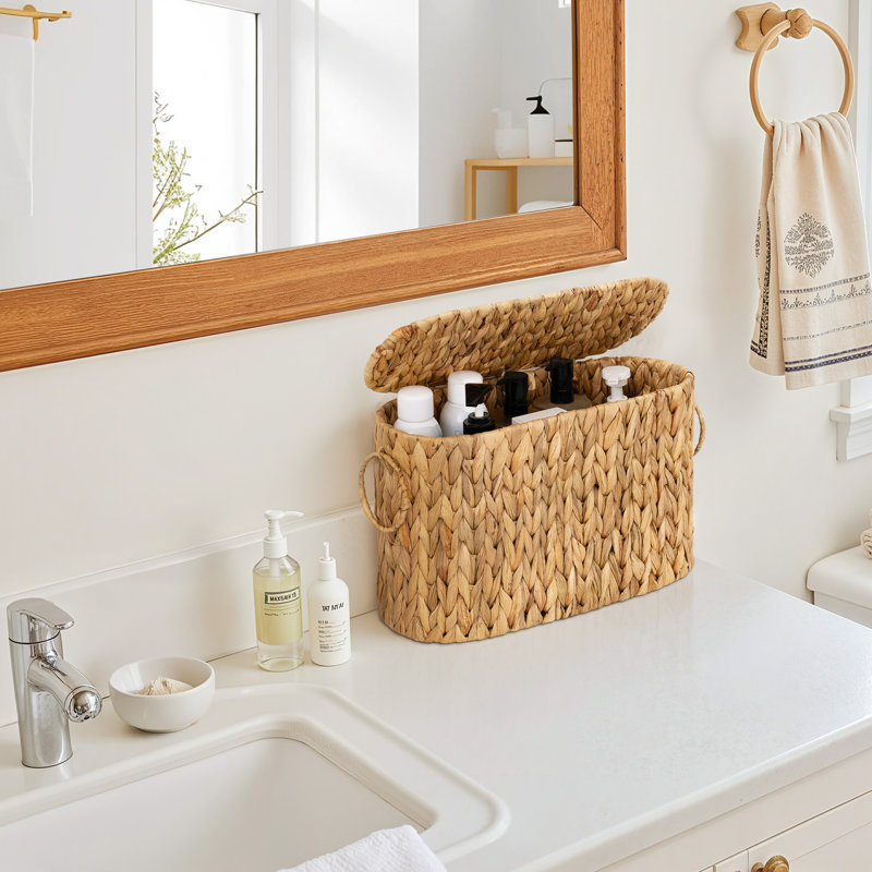 Handwoven Wicker Toilet Paper Holder for 6 Regular Rolls, Wicker Storage Basket with Lid, Water Hyacinth, Water Hyacinth