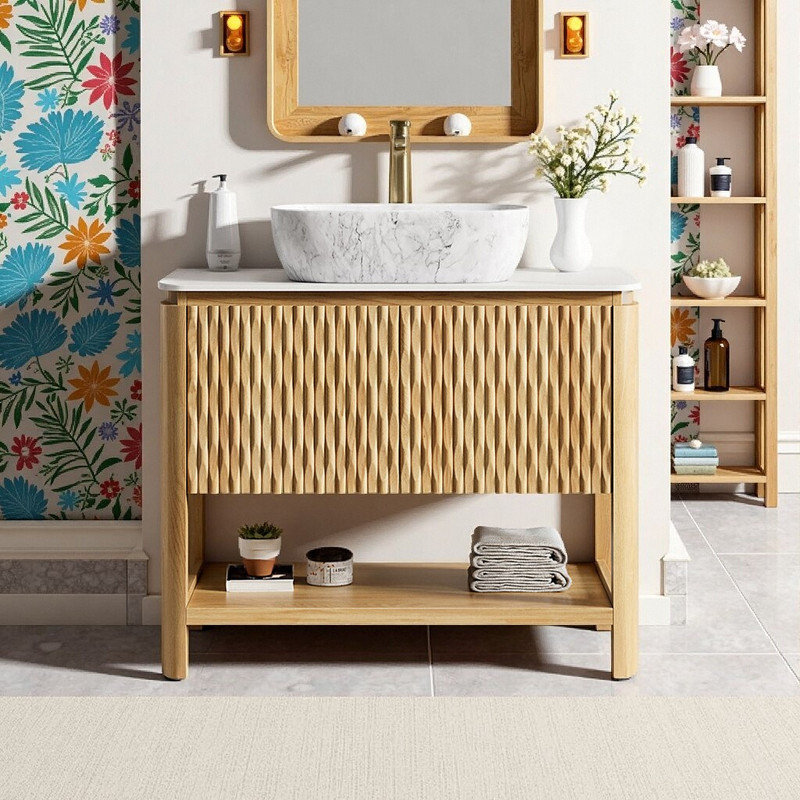 Meuble-lavabo autoportant de 36 po avec lavabo vasque, comptoir en pierre frittée et lavabo en céramique