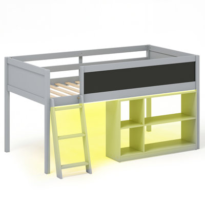  Lit mezzanine pour enfants avec lumières DEL, tableau noir et barrière de sécurité amovible