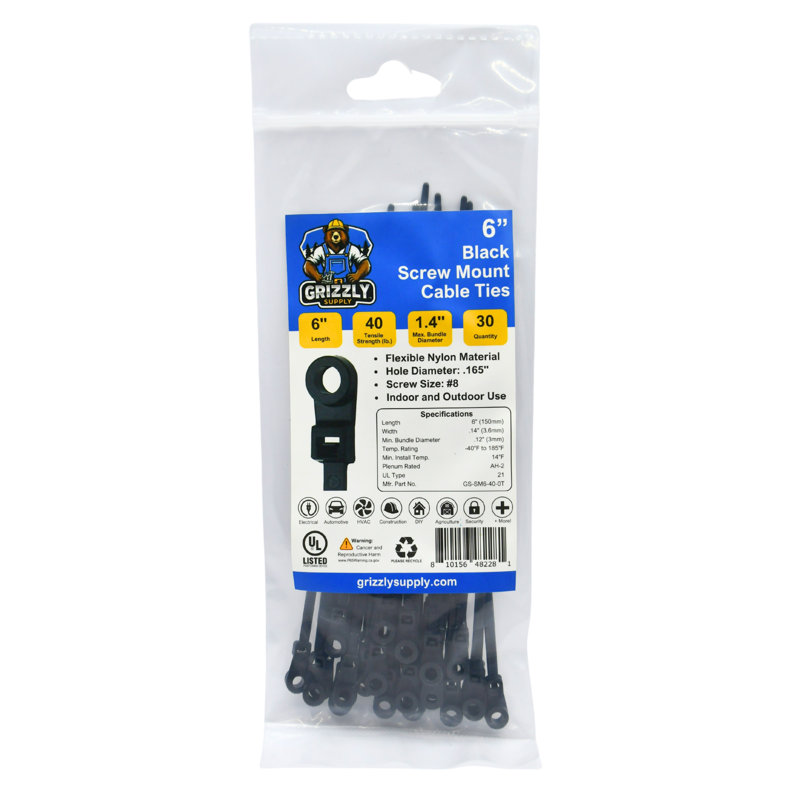 6" 40lb Screw Mount Cable Tie 30/bag, Black