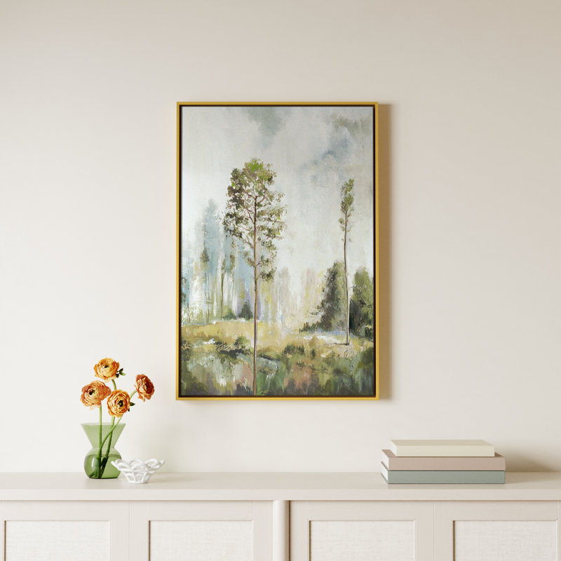 Teton Tall Green Trees I by Teton Pearce - Floater Frame Print on Canvas, 37.5" H x 25.5" W, Gold