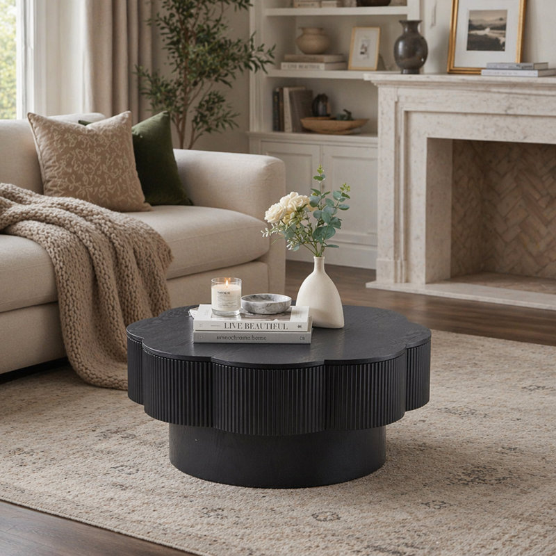 Table basse 31,50 "en forme de fleur moderne, table basse en forme de fleur de prunier avec rangement - placage, pour salon, appartement, bureau, assemblage facile