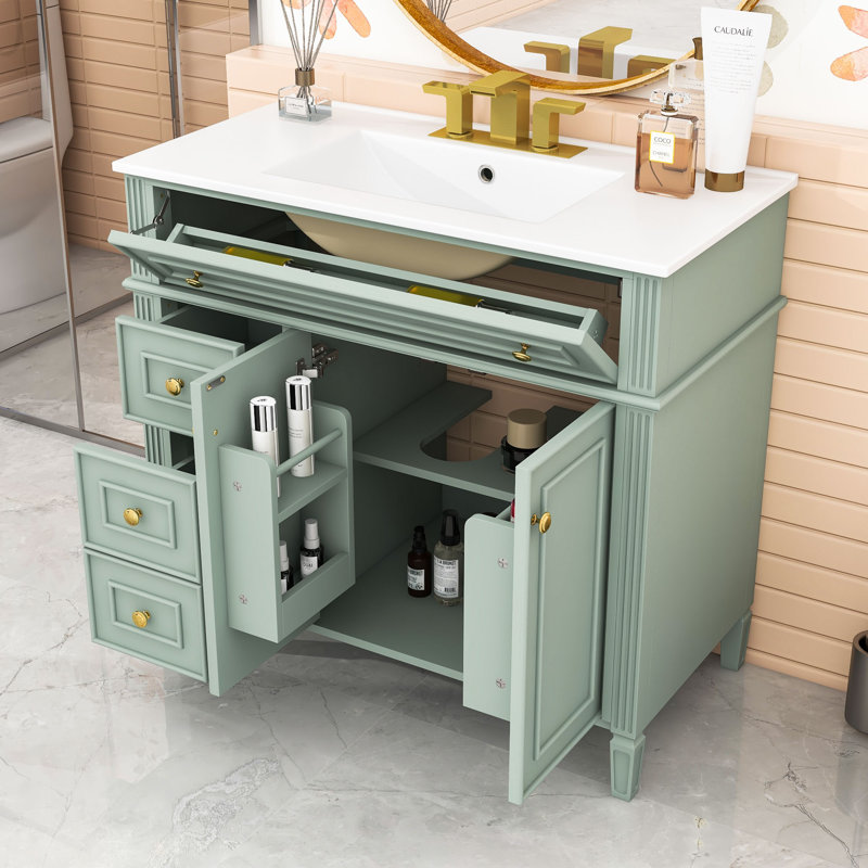 Bathroom Vanity with Sink, 3 Drawers and 2 Soft-Close Doors, Green