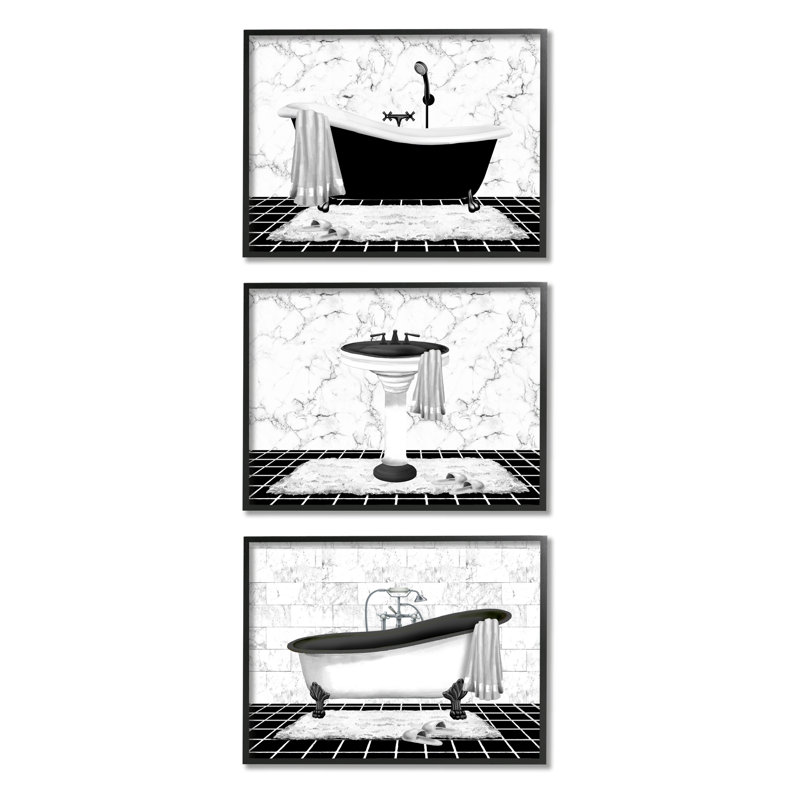 "A3-221", salle de bain en marbre moderne encadrée sur bois, 3 pièces par Conrad Knutsen, Giclée encadrée noir minuit