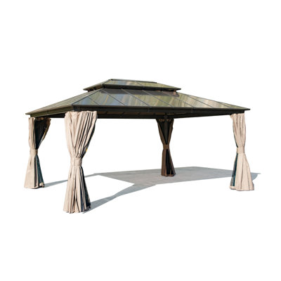 12x16ft Hardtop Gazebo with Polycarbonate Double Roof - Permanent Aluminum Outdoor Pavilion with Privacy Curtains & Bug Netting for Patio, Garden, and Deck