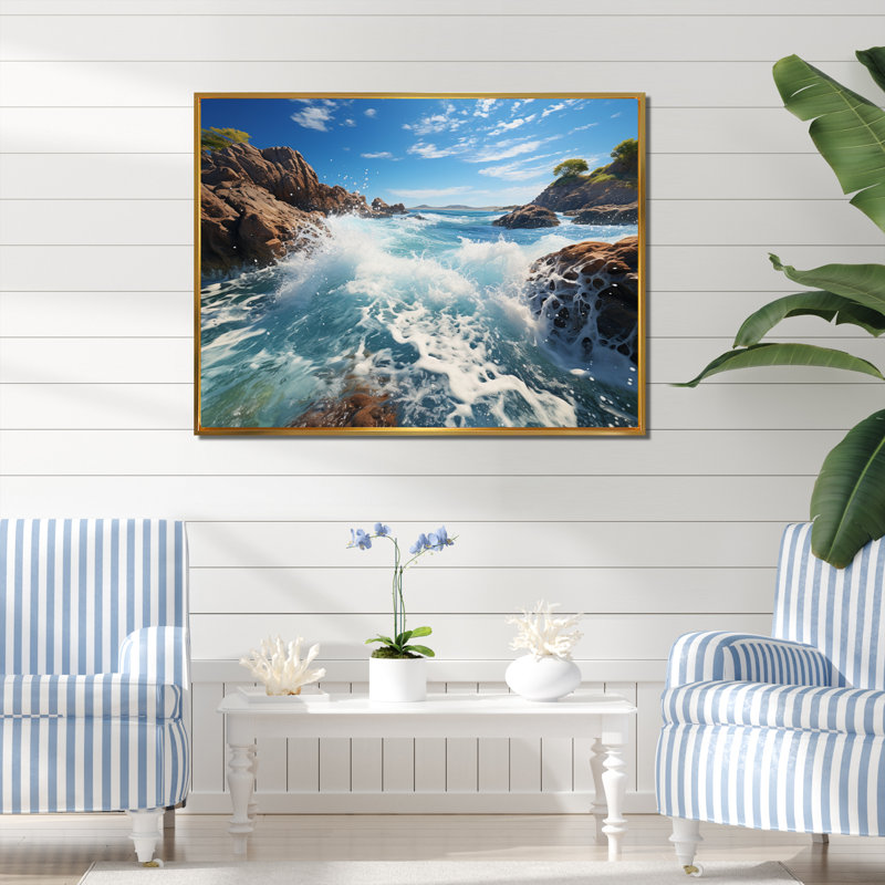 Rocky Beach Ocean Symphony, Cadre flottant doré, H 16 po x l 32 po x P 1 po
