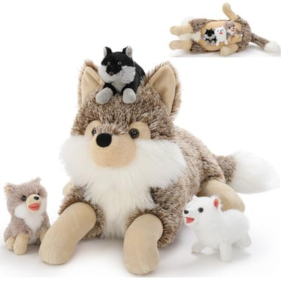 4Pcs Realistic Wolf Stuffed Animals Set, 20 Inch Large Mommy Stuffed Coyote Plush With 3 Baby Wolves Toy For Boys Girls, Soft Wolf Plush Body Pillow For Christmas Birthday