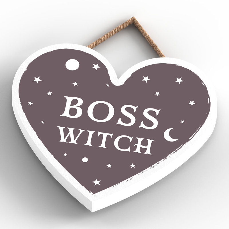 Boss Witch Wooden Heart Plaque, 10cm H x 9cm W x 0.5cm D