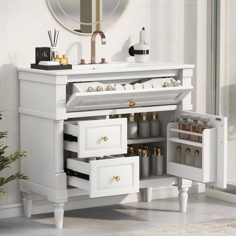 Amberlynn 36" Modern Bathroom Vanity with Ceramic Sink and Adjustable Shelf, White, 36inch