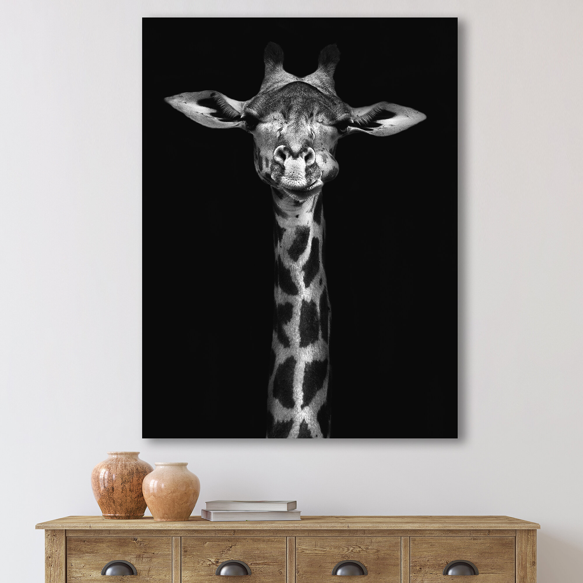 Portrait Of A Giraffe In Black And White Framed On Canvas Print