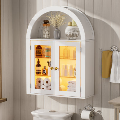 Armoire murale de salle de bain arquée, armoire de rangement au-dessus de la toilette, armoire murale avec portes en verre trempé et tablettes réglables, armoire en bois pour la cuisine de la chambre à coucher