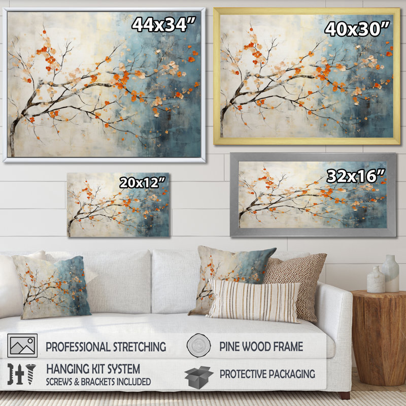 Orange, bleu sarcelle, érable, incandescent V - art mural érable, Cadre simple blanc, H 30 po x l 40 po x P 1,5 po