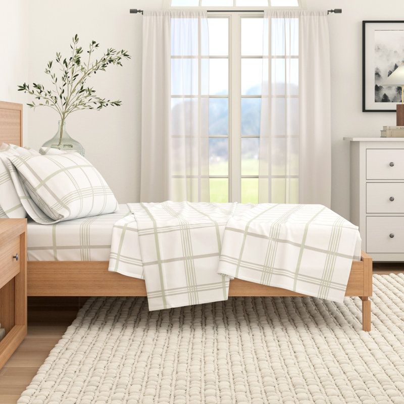 Ensemble de draps 100% flanelle de coton, Carreau de fenêtre - olive, Très grand avec deux taies d'oreiller